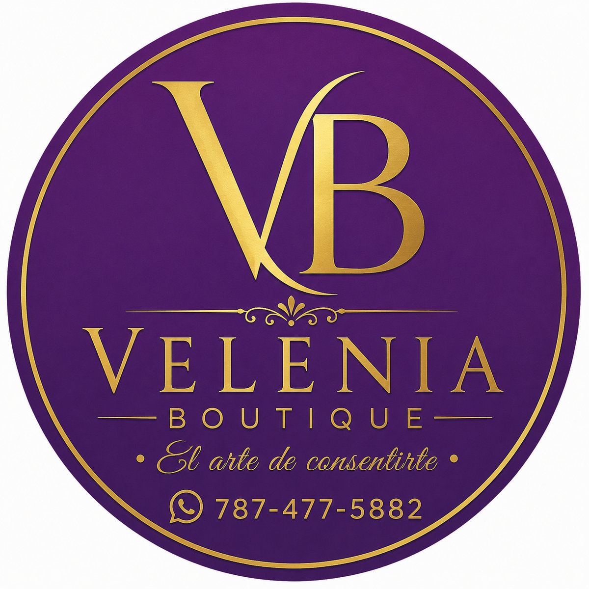 Logo de Velenia Boutique en violeta y oro